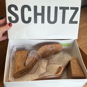 SCHUTZ Women's Clear Strap Tan Block Heels